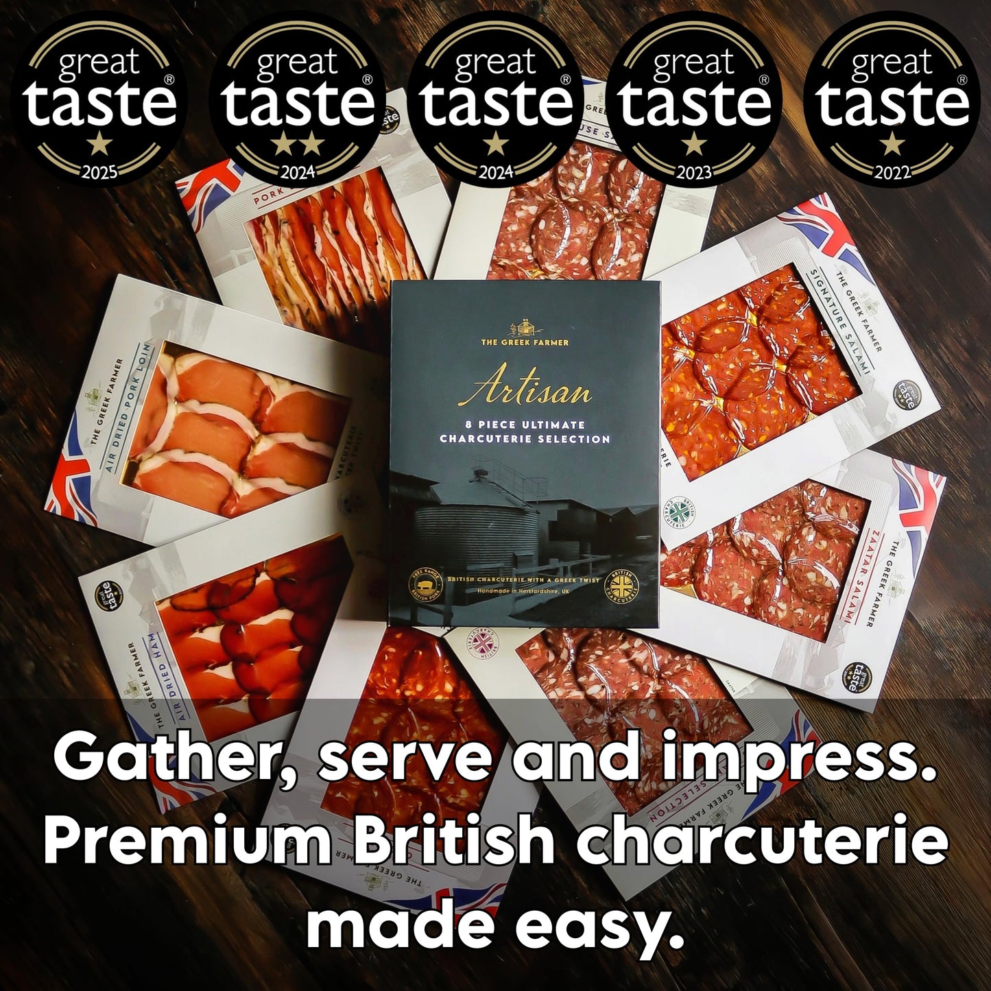The Greek Farmer Signature 8 Piece Charcuterie Collection | Cured Meats & Cold Cuts | Artisan Charcuterie Gift | British Free-Range Pork | 5-Star Great Taste Award | Ideal Foodie Gift & Savoury Hamper