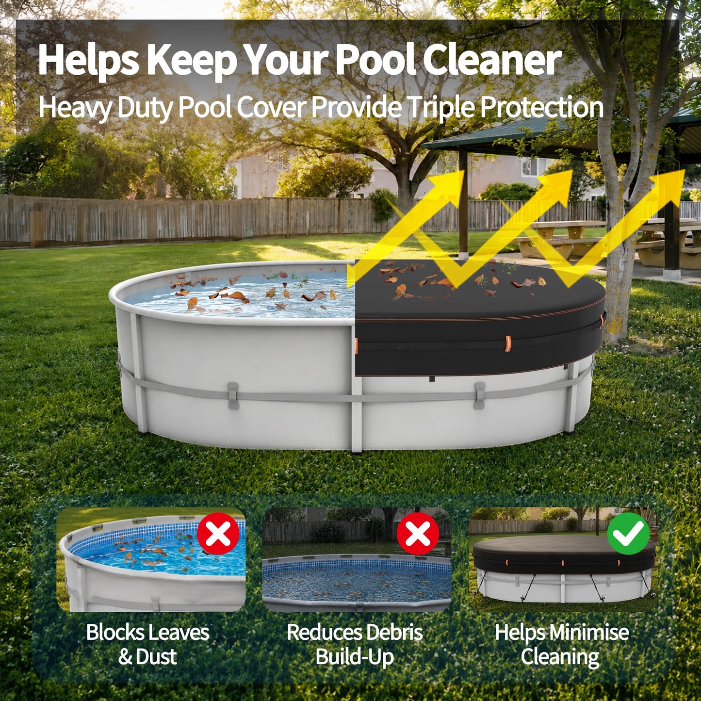 Round Pool Cover for above ground Swimming pools, Heavy Duty Oxford Fabric, Tear Resistant, Ideal for Circle & Round-shaped Pool, Waterproof and Dustproof (12FT, Black)