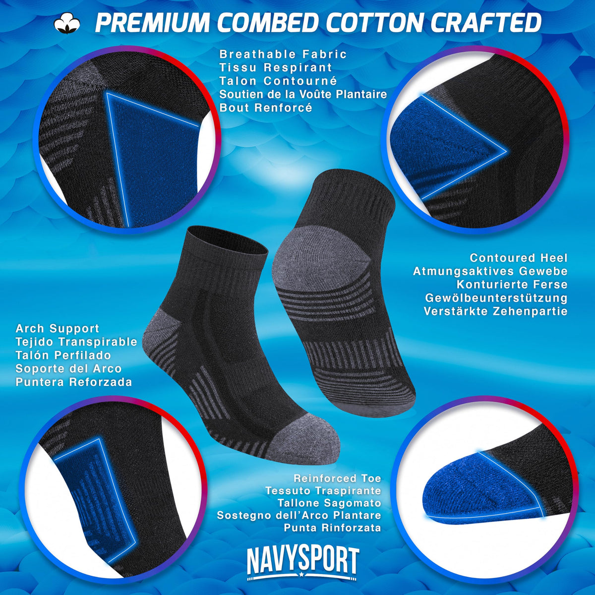 NAVYSPORT Men's Cotton Sports Socks, Pack of 6 Pairs