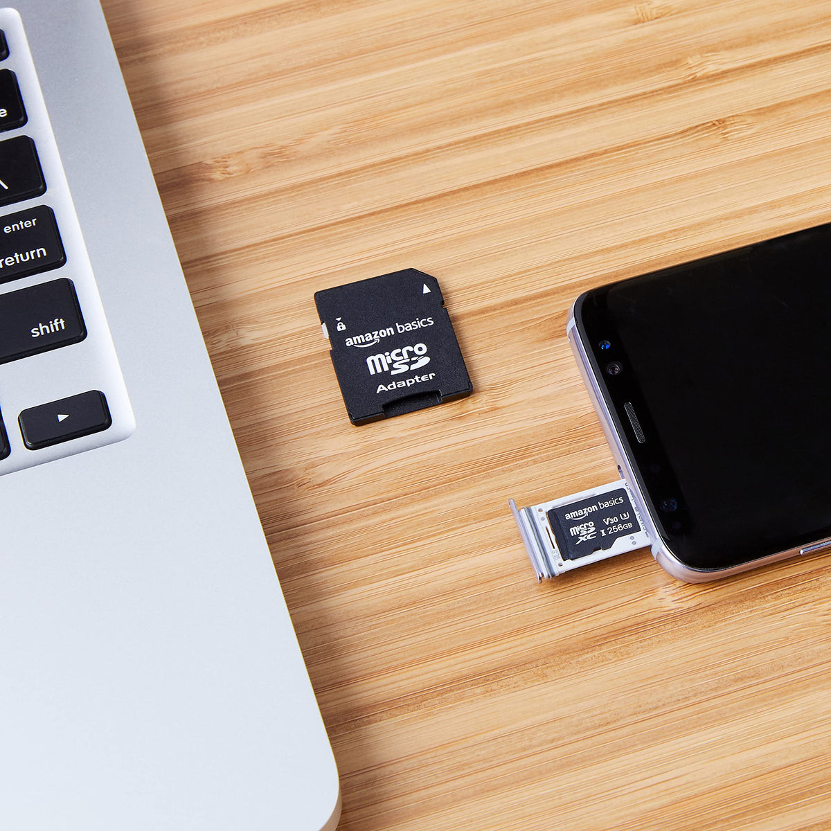 Amazon Basics microSDXC Memory Card with Full Size Adapter, A2, U3, Read Speed up to 100 MB/s, 128GB, Black