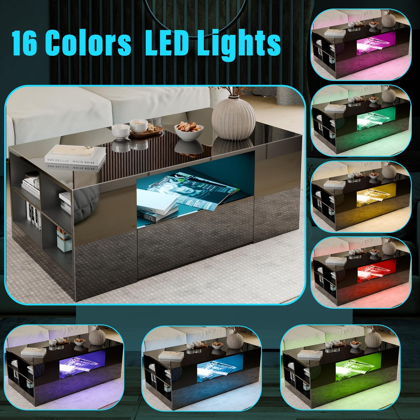 Blisswood Led Coffee Table with 2 Drawer Storage, High Gloss Coffee Table for Living Room Wooden Centre Table with RGB Led Lights Rectangle Tea Table for Living Room Furniture, Black