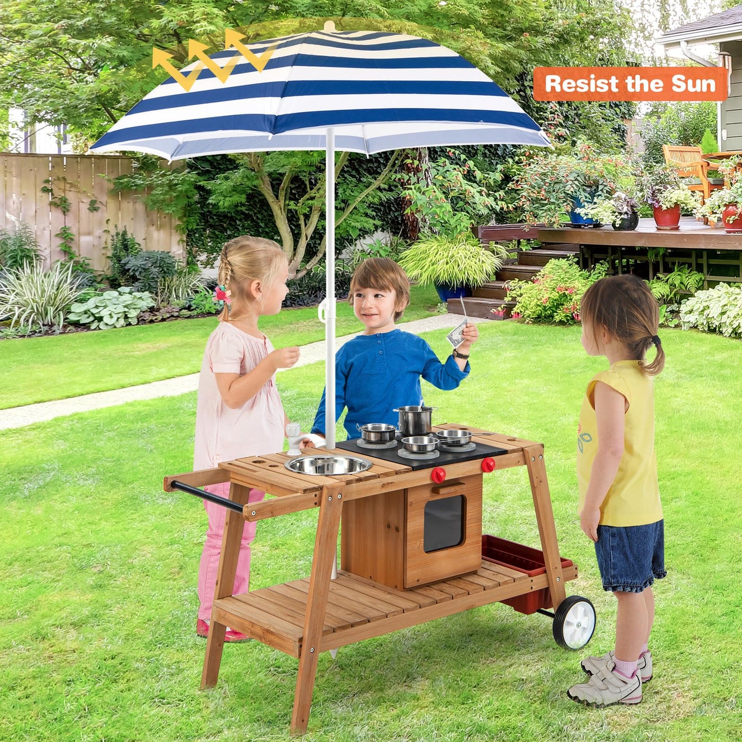 COSTWAY Wooden Mud Kitchen, Outdoor Kitchen Playset with Umbrella, Sink, Storage Cabinet and Accessories, Wheeled Role Pretend Cooking Cart for Kids Toddlers (Natural+White)