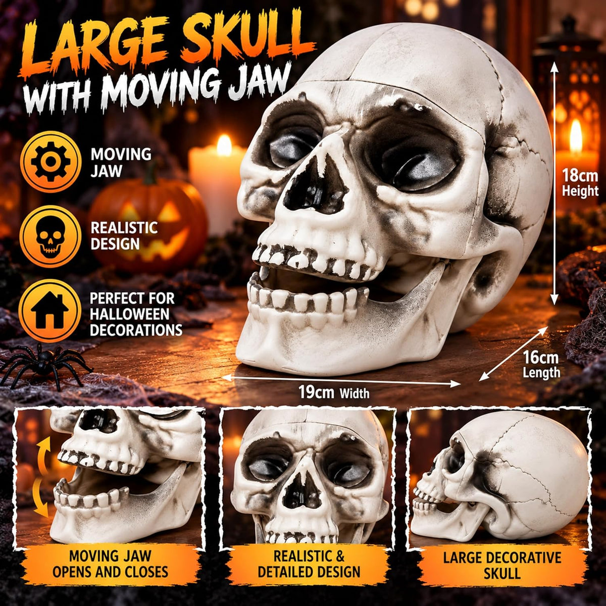Skull Halloween Decorations Set – 3-Piece Skeleton Halloween Ornaments Collection - Large Skull, Thinking Skeleton & Skeleton Bookend for Halloween Table Decorations, Shelf, Desk & Displays