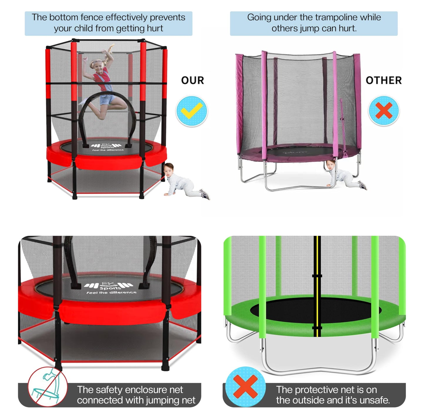FK Sports 55" Kids Rebounder Trampoline with Safety Net — Bungee System, Max 100 kg