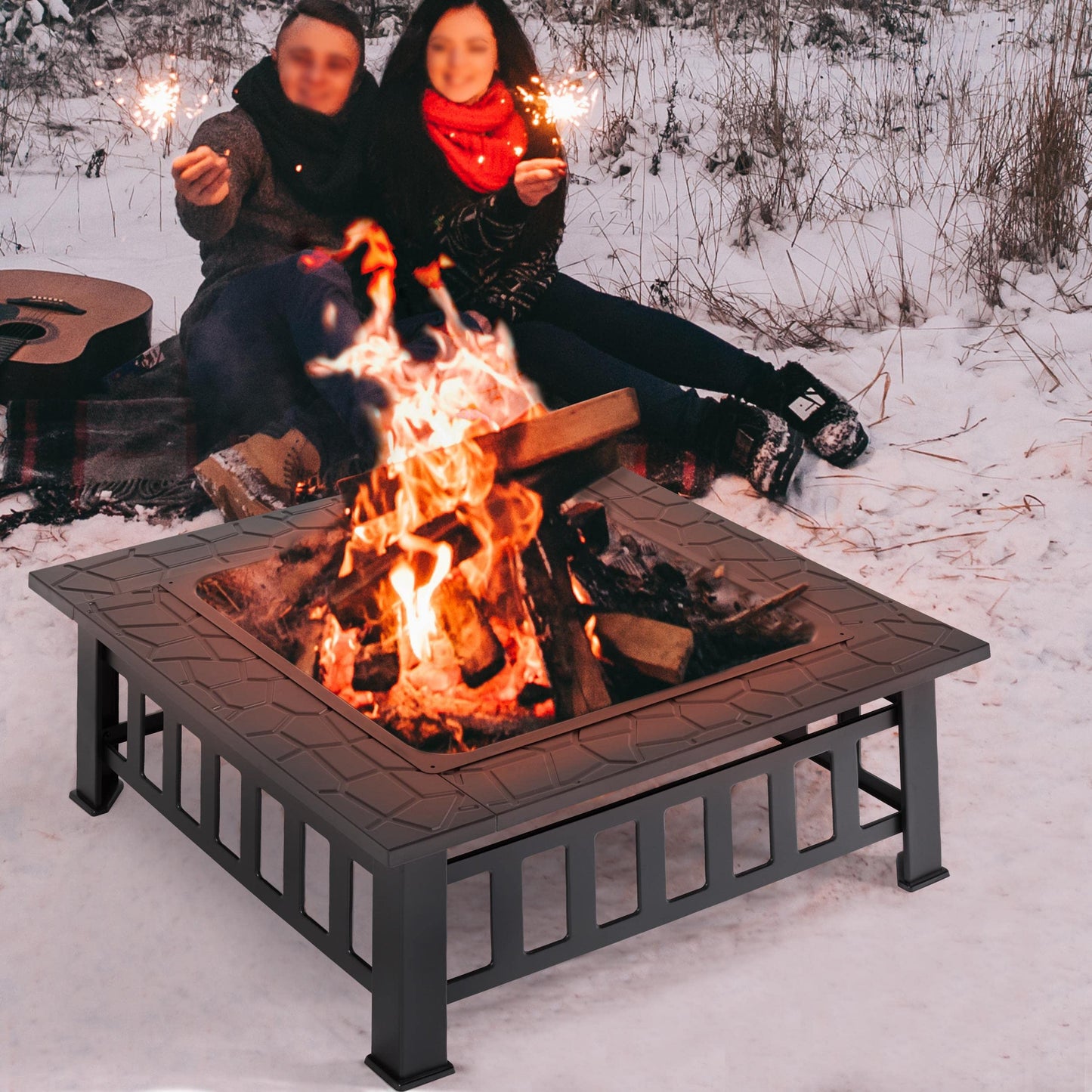 Yaheetech Outdoor Fire Pit 81cm Square Fire pits 3-in-1 Heat-resistant Metal Garden Stove for Barbecue, Heating, Cooling Drinks with Cover & Poker, Black