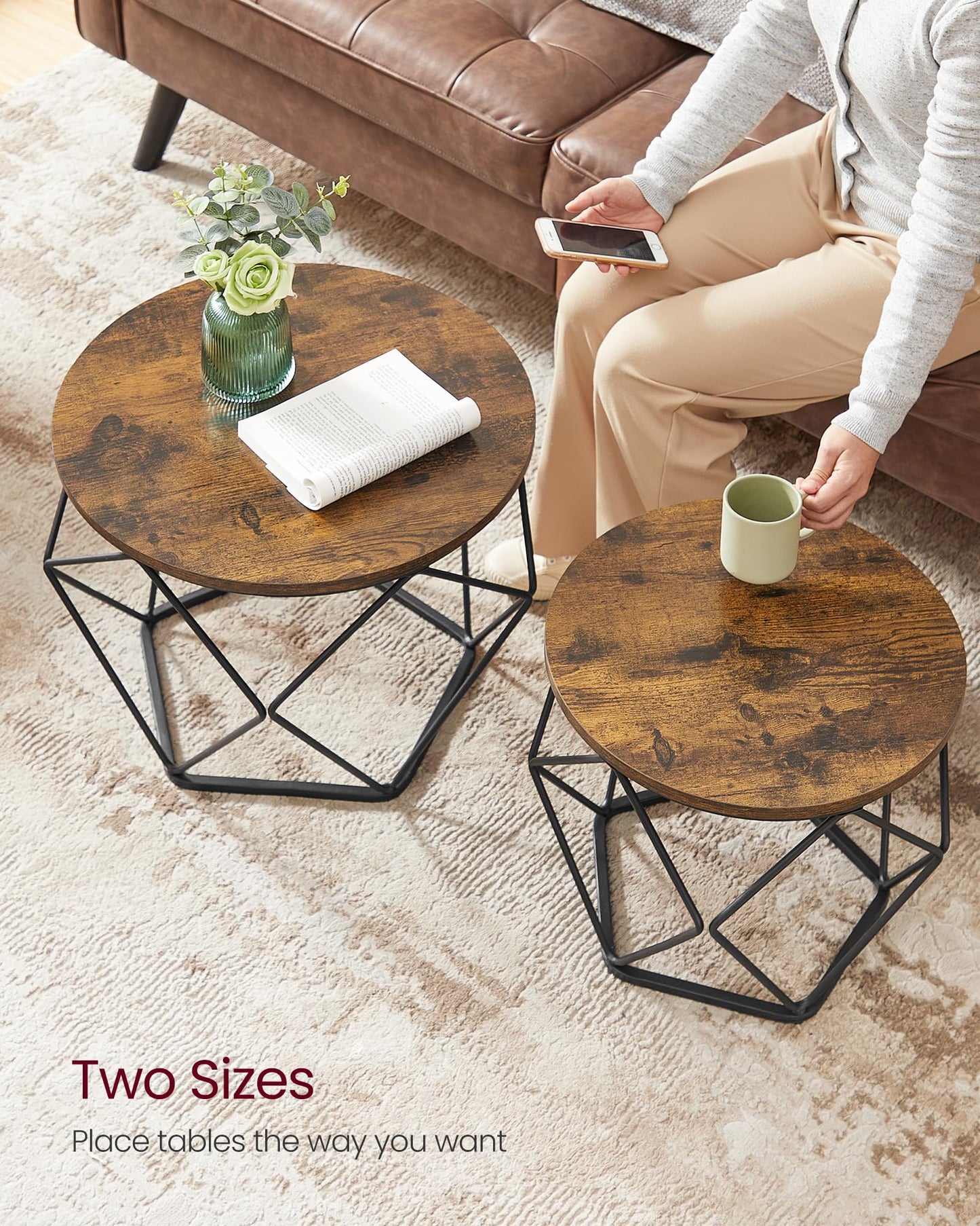 VASAGLE Coffee Tables, Set of 2 Side Tables, Robust Steel Frame, for Living Room, Bedroom, Rustic Brown and Black LET040B01