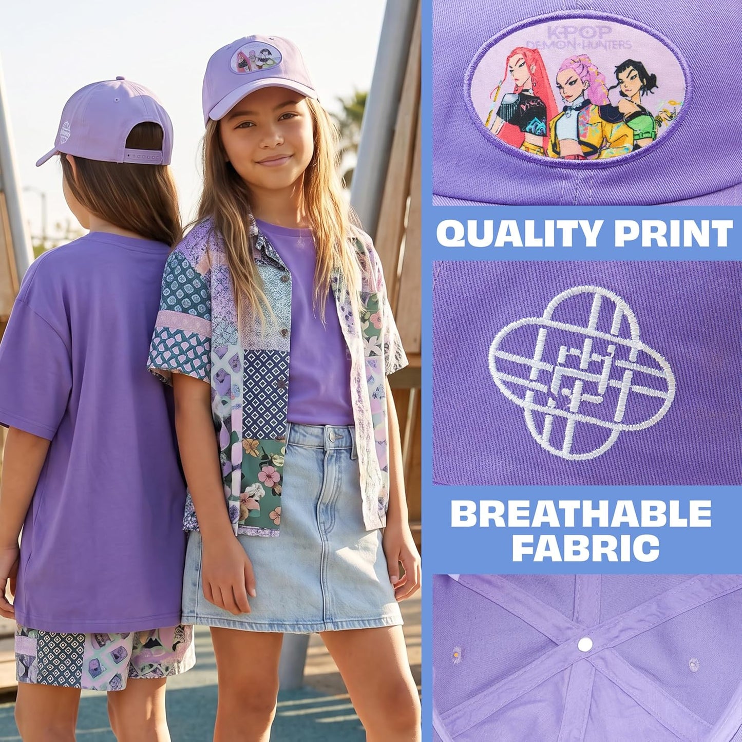 Get Trend Kpop Demon Hunters Huntrix Girls Baseball Cap, Adjustable Cotton Snapback Trucker Cap, Purple Sun Hat for Girls, Summer Bucket Hat, Travel Holiday Accessories, Kpop Gifts