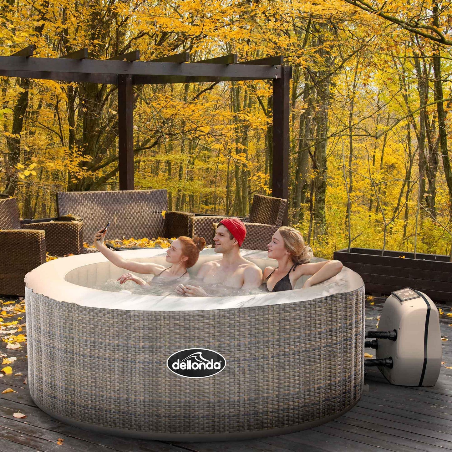 Dellonda 2-4 Person Inflatable Hot Tub Spa with Smart Pump - Rattan Effect - DL90