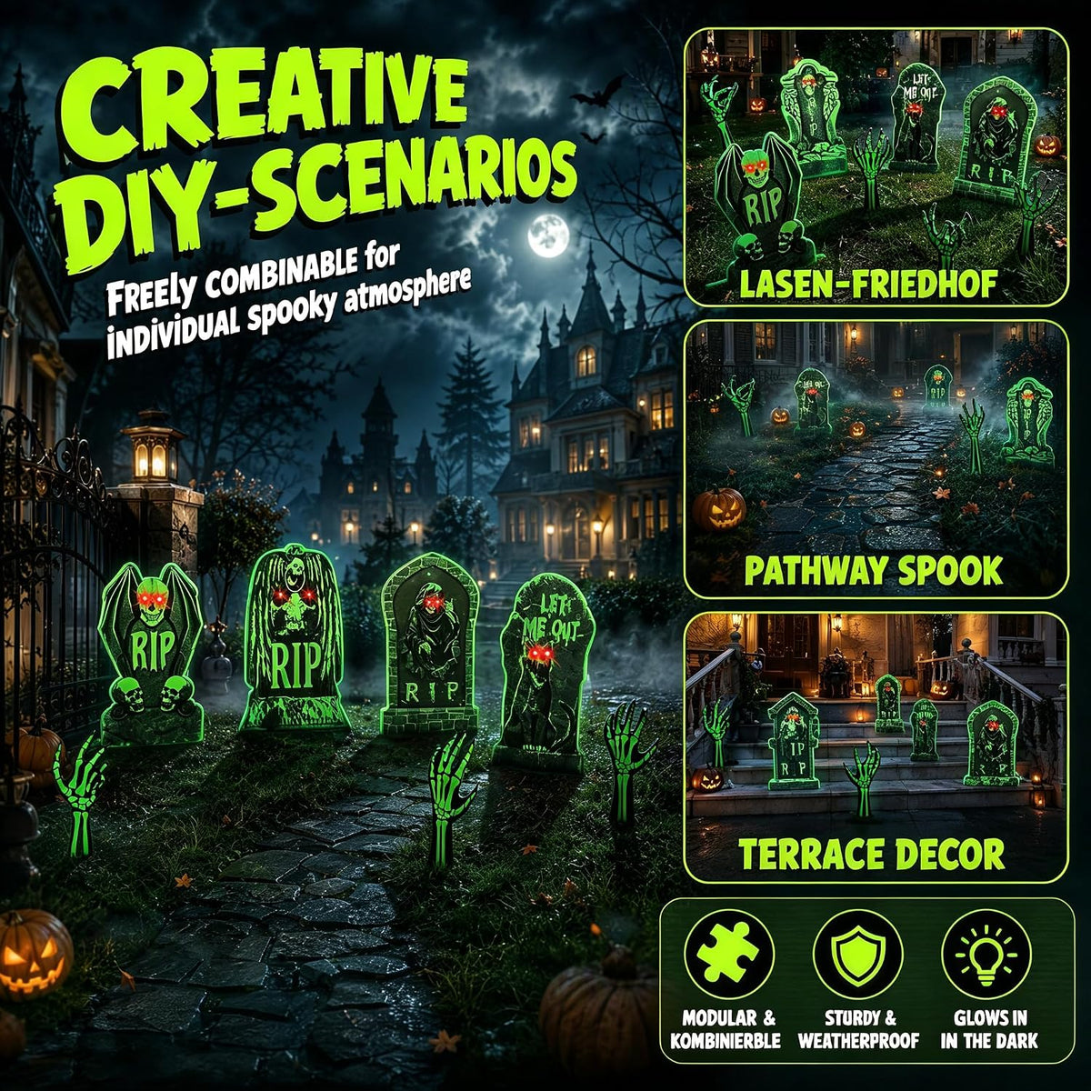 10 Pack Halloween Yard Signs, Fluorescent Skeleton Hands and Tombstones