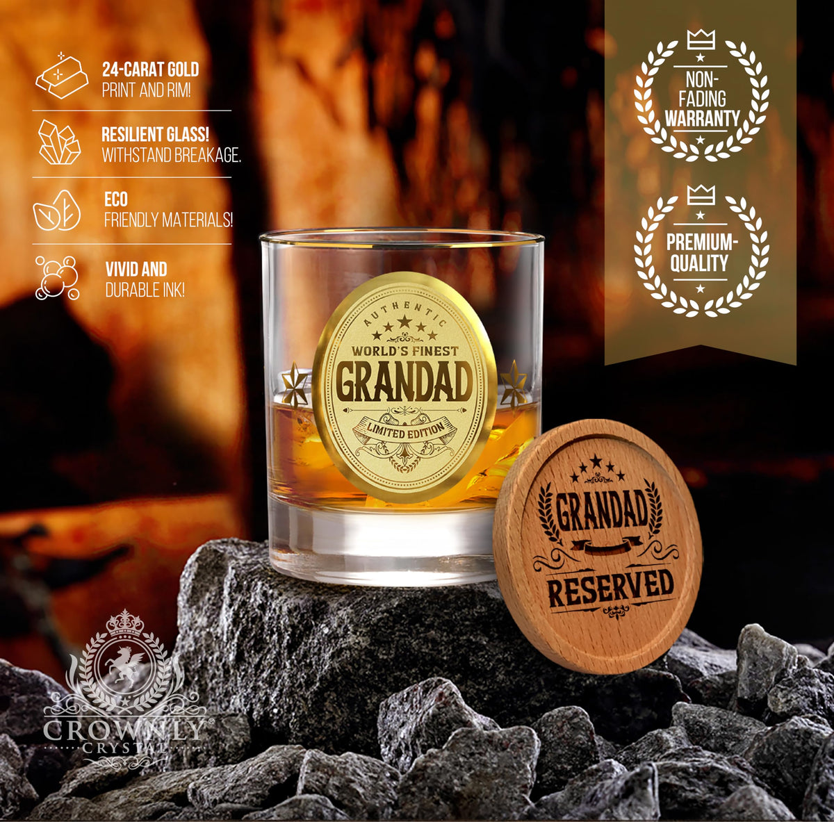 CROWNLY CRYSTAL® Personalised Whiskey Glass for Dad – Gold Birthday Gift from Daughter or Son – Best Dad Ever