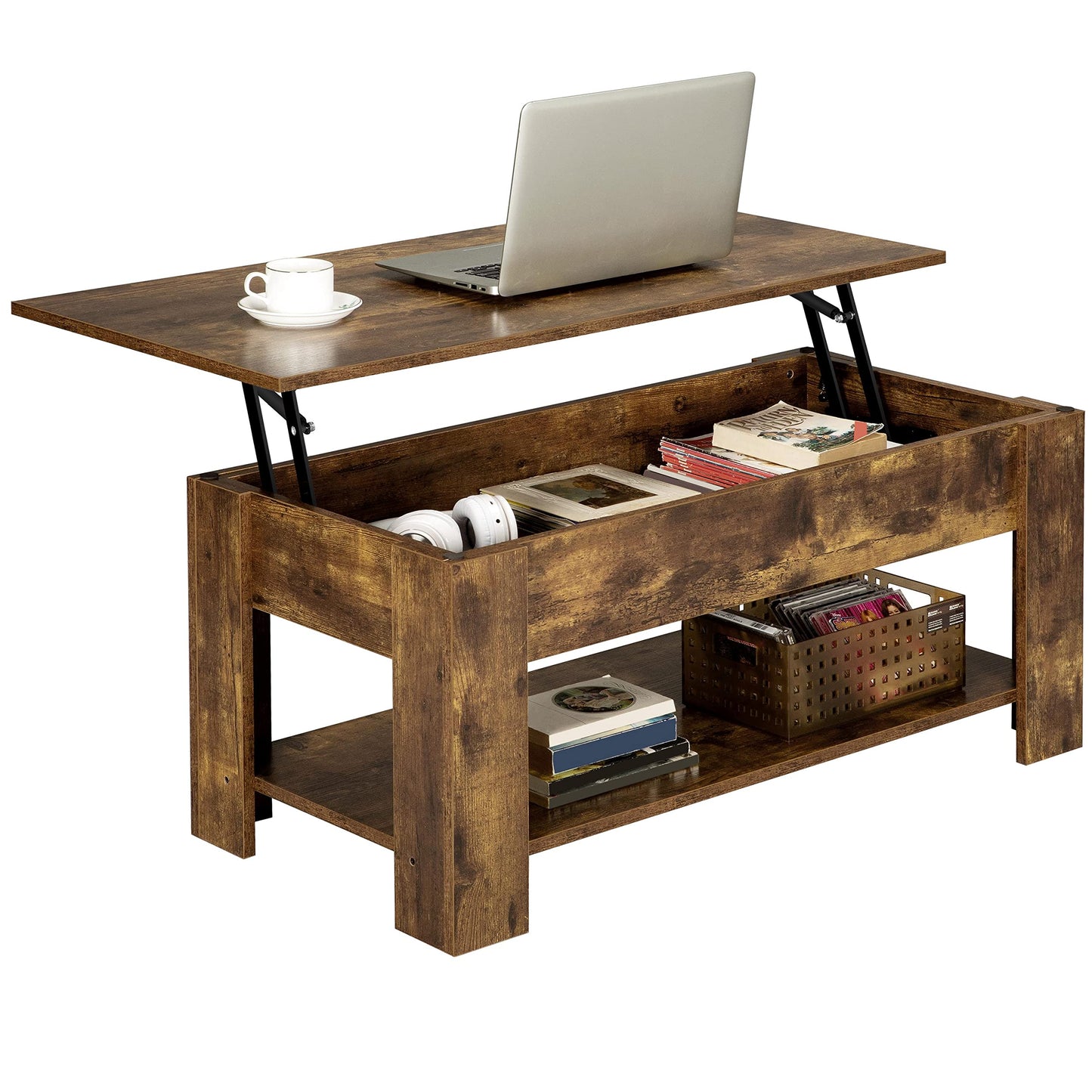 Yaheetech Lift Up Coffee Table, Wooden Lifting Coffee Table with Hidden Storage Drawer and Open Shelf, Space-saving Tea Tables for Living Room/Reception, Espresso