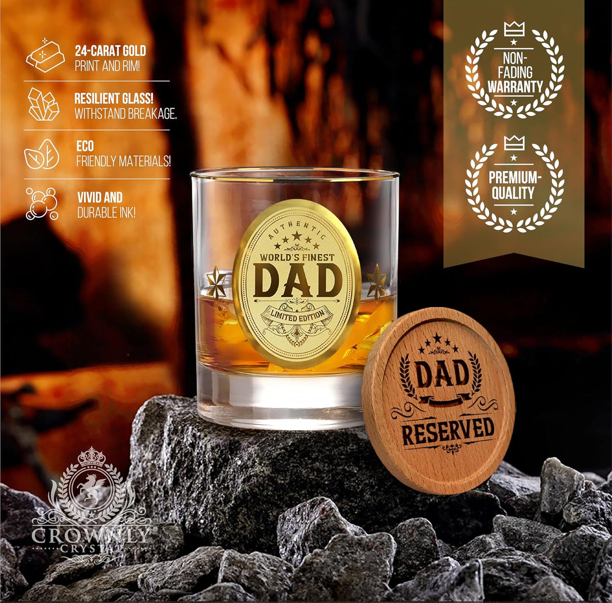 CROWNLY CRYSTAL® Personalised Whiskey Glass for Dad – Gold Birthday Gift from Daughter or Son – Best Dad Ever