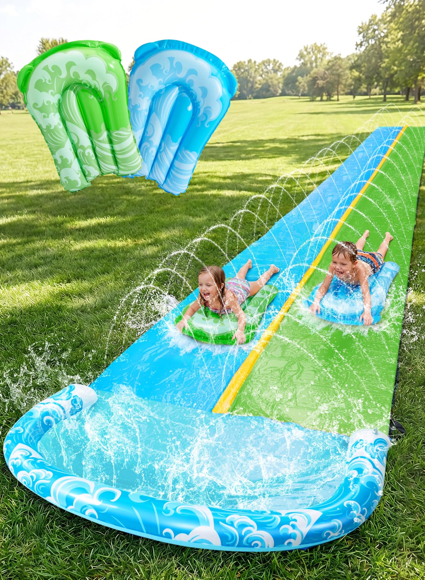 JOYIN 685cm Water Slides and 2 Bodyboards, Lawn Waterslides Summer Water Toy with Build in Sprinkler for Backyard Outdoor Water Fun for Kids Adults