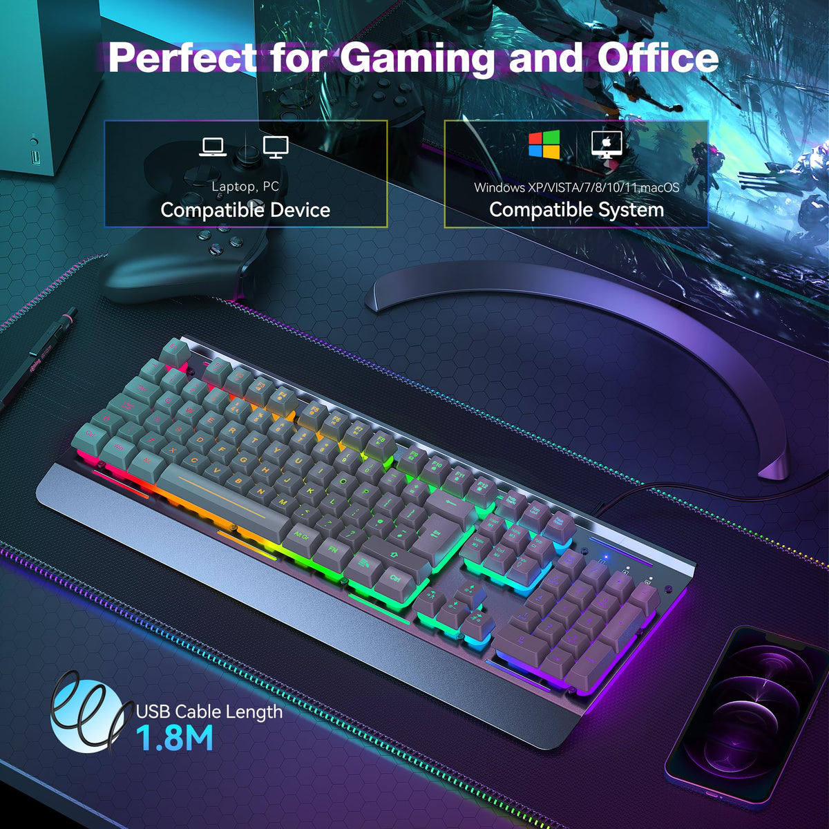 TECKNET RGB Gaming Keyboard UK Layout with 15-Zone RGB Illumination