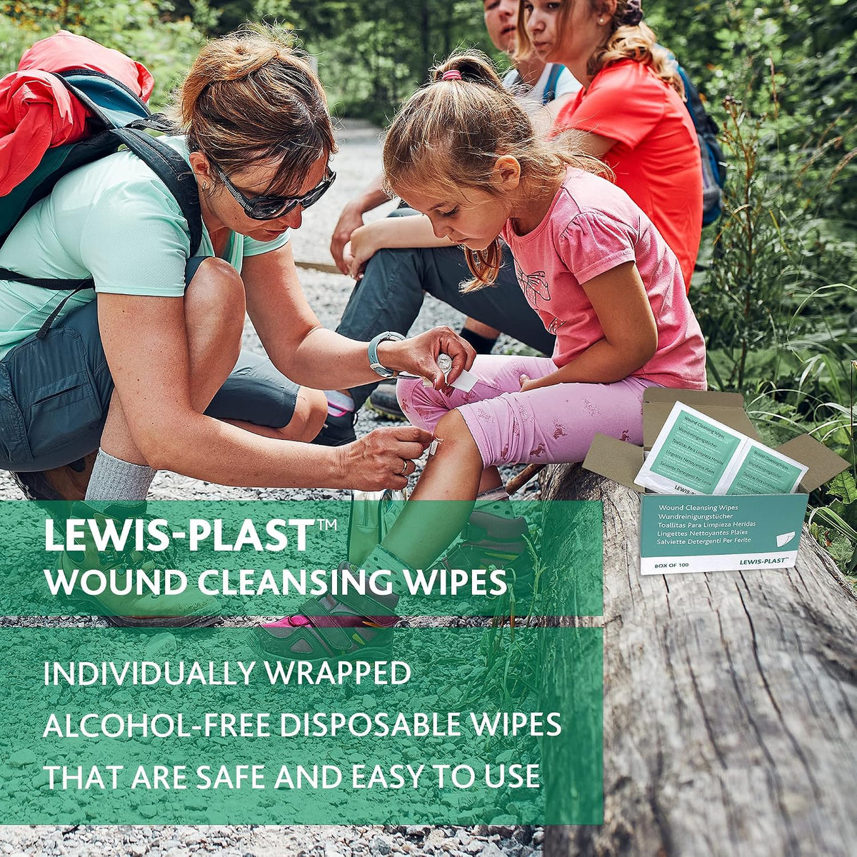 Lewis-Plast Alcohol-Free Sterile Saline Wipes, First Aid Wound Cleansing Wipes for Cuts, Grazes & Minor Injuries, Individually Wrapped, Box of 100