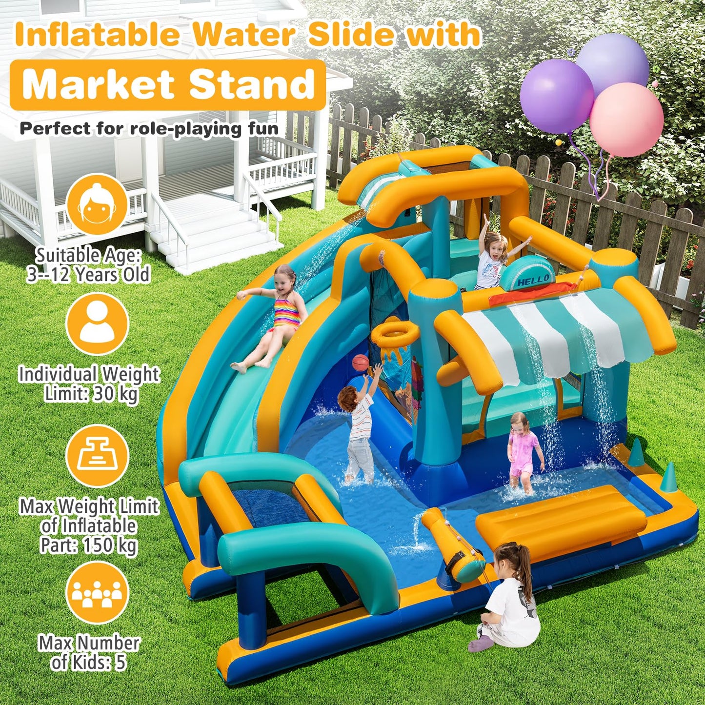 COSTWAY Ice Cream Themed Inflatable Water Park with Slide, Pool, Climbing Wall & Games — Ages 3-12