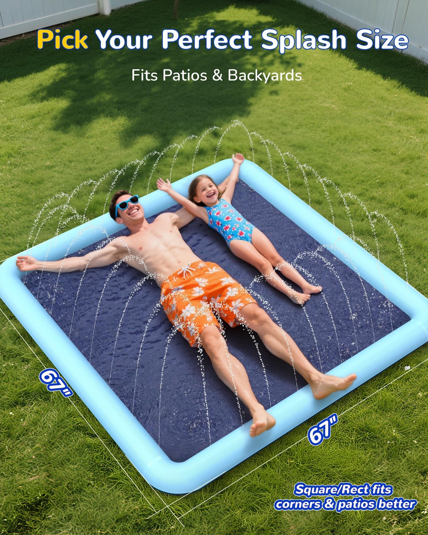 Square Splash Pad for Kids & Dogs, Non-Slip Sprinkler Water Play Mat for Kids, Reinforced Edge Outdoor Paddling Water Garden Toys Games for Kids, Pets, Beach & Backyard Summer Fun (79 inches)