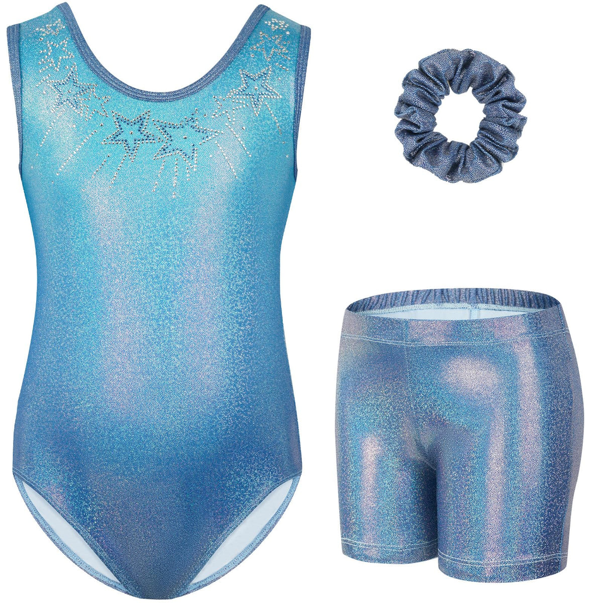 Gogokids Girls' Three-Piece Gymnastics Set, Sleeveless Leotards with Shorts and Hairband, Sparkling Ballet Dancing Unitards - Gymnastics Outfit with Gradient Color Design for 3-12 Years