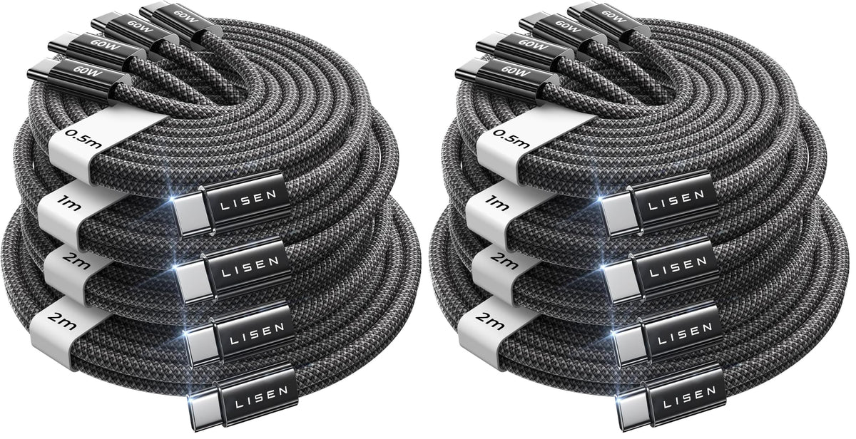 LISEN 60W for Samsung Type C 4-Pack [1M+1M+2M+2M] USB C Charger Cable for iPhone 15 Pro Max, iPad Pro/Air/Mini, Samsung S24, LG, Google Pixel