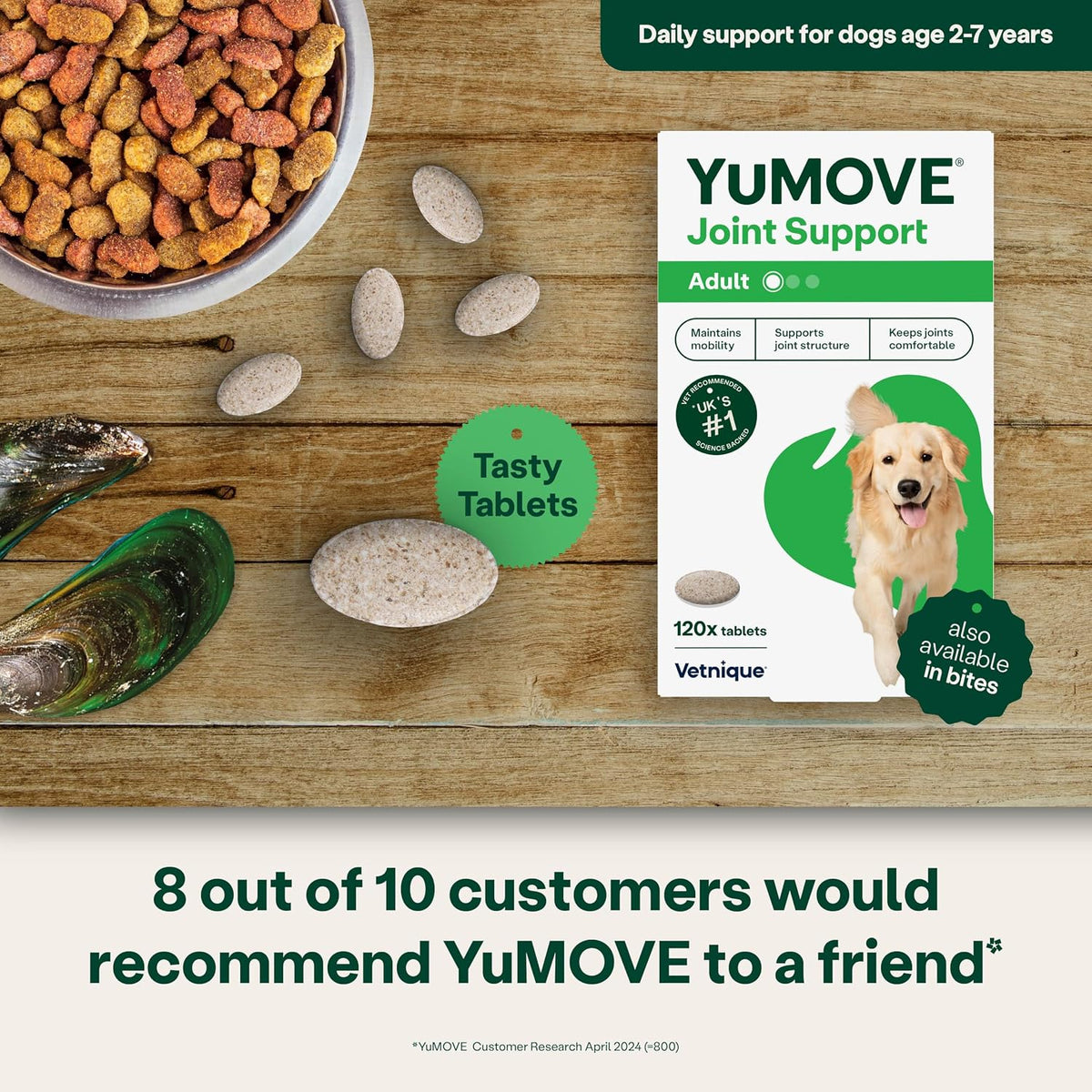 YuMOVE Joint Supplement for Dogs, Higher Strength for Joint Care, Essential Dog Hip and Joint Support for Adult Dogs Aged 6 to 8, 120 Tablets - Eco Friendly and Letter Box Ready Packaging