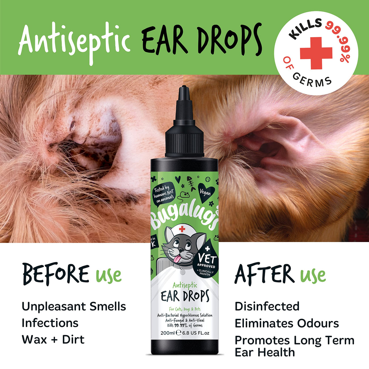 BUGALUGS Antiseptic Ear Drops 200ml – Ear Disinfection, Kills bacteria, Stops Odours, Scratching & Discomfort, Anti-fungal (Yeast), Veterinary-grade, for Dogs, Cats & all other animals