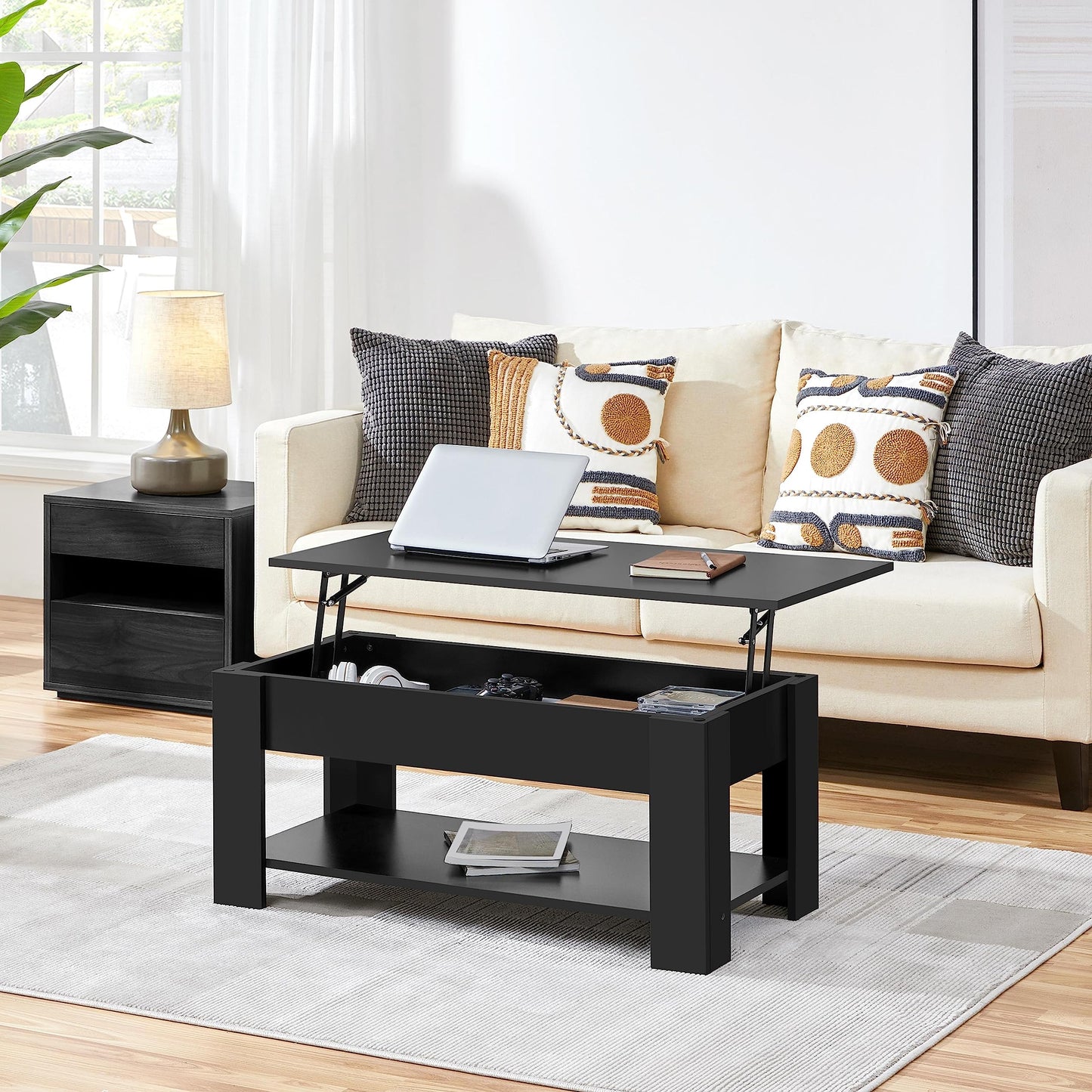 Yaheetech Lift Up Coffee Table, Wooden Lifting Coffee Table with Hidden Storage Drawer and Open Shelf, Space-saving Tea Tables for Living Room/Reception, Espresso