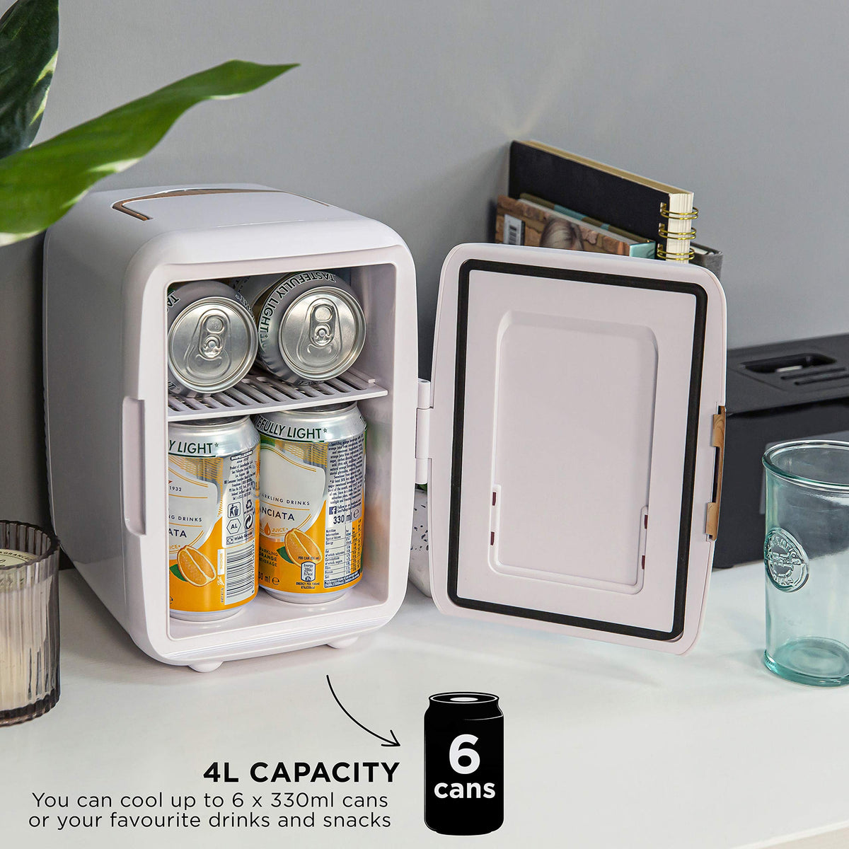 Russell Hobbs RH4CLR1001 4L/6 Can Portable Mini Cooler & Warmer for Drinks, Cosmetics/Makeup/Skincare, AC/DC Power, Retro Style, White, For Bedroom, Home, Caravan, Car