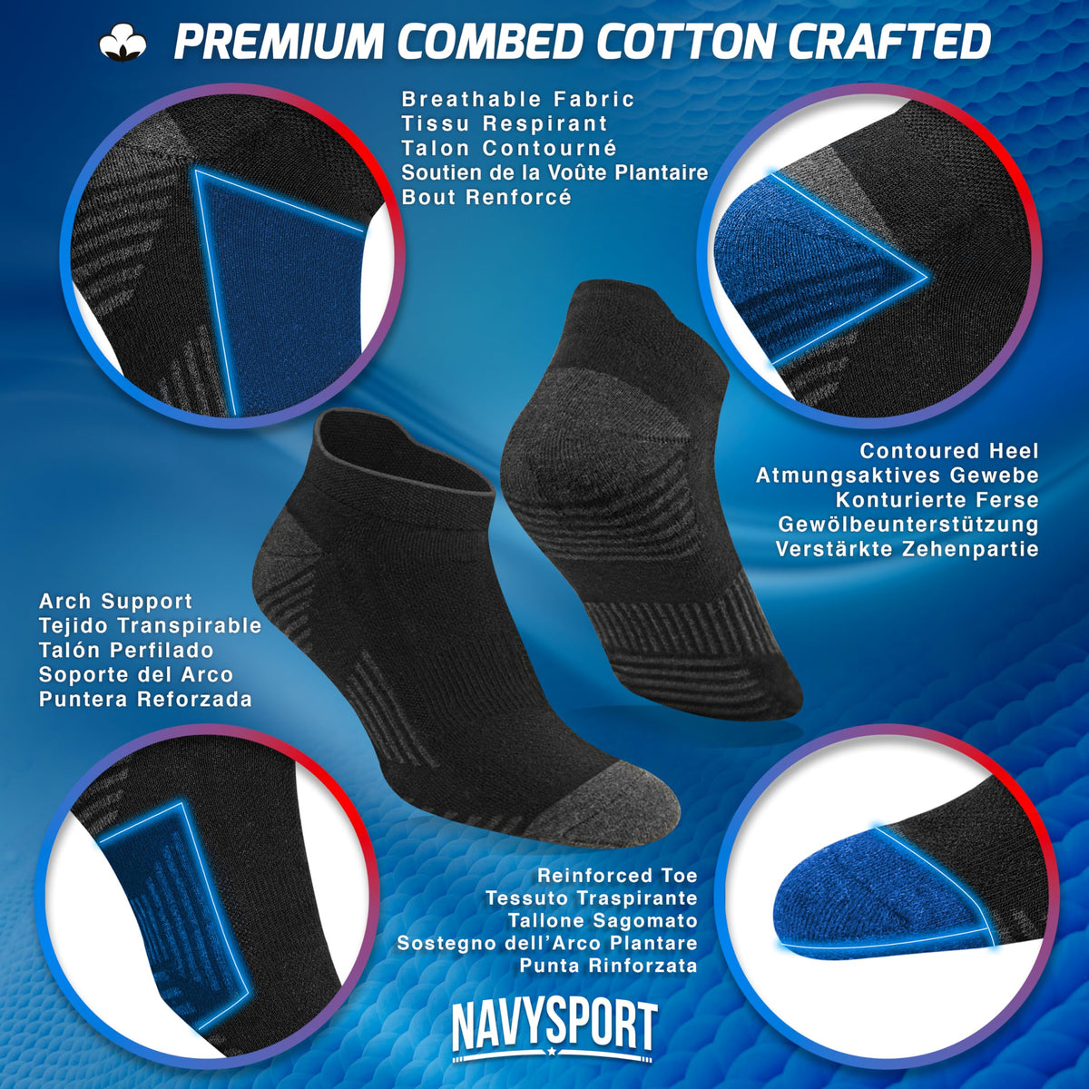 NAVYSPORT Men's Cotton Sports Socks, Pack of 6 Pairs