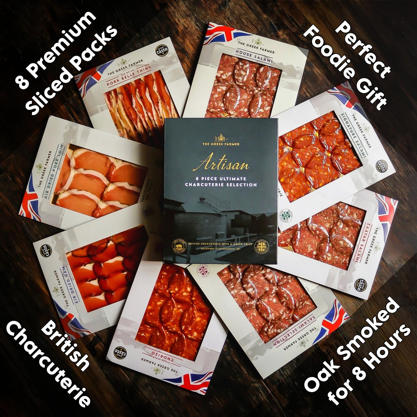The Greek Farmer Signature 8 Piece Charcuterie Collection | Cured Meats & Cold Cuts | Artisan Charcuterie Gift | British Free-Range Pork | 5-Star Great Taste Award | Ideal Foodie Gift & Savoury Hamper
