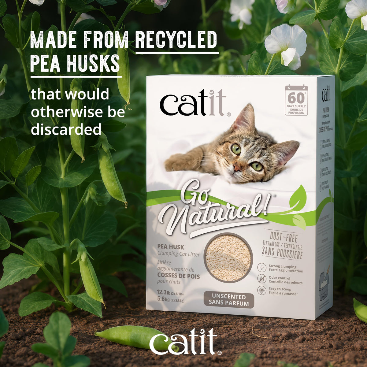 Catit Go Natural Vanilla Scented Pea Husk Clumping Cat Litter, Deodorising, 99.9% Dust-Free, Fast Clumping Cat Litter, Plant-Based Litter for Cats & Kittens, 5.6kg (2 x 2.8kg)
