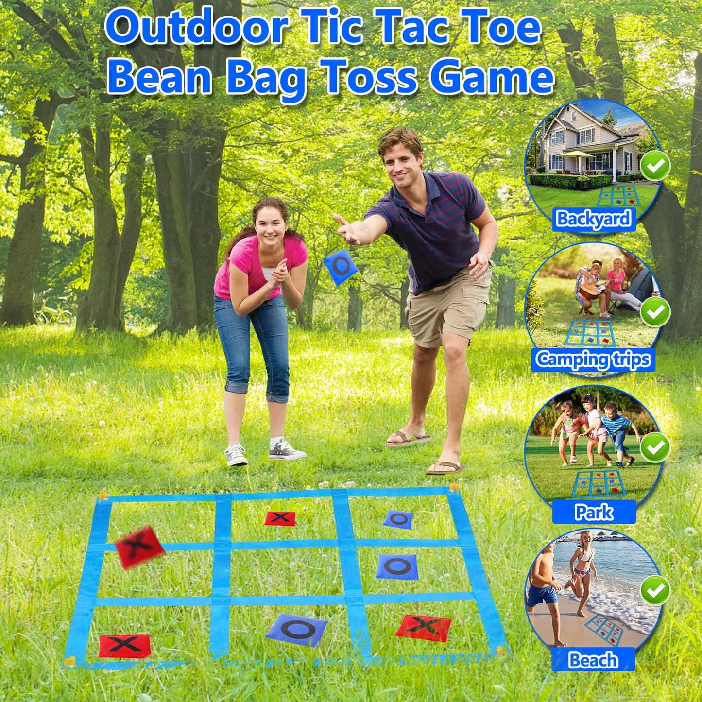 2-in-1 Giant Tic Tac Toe & Bean Bag Toss Game for Kids Adults Family Fun Outdoor Garden Game 4.5Ft Double-Sided Large Sports Day Kit for Lawn Backyard Carnival Field Day Picnic Camping Birthday Party
