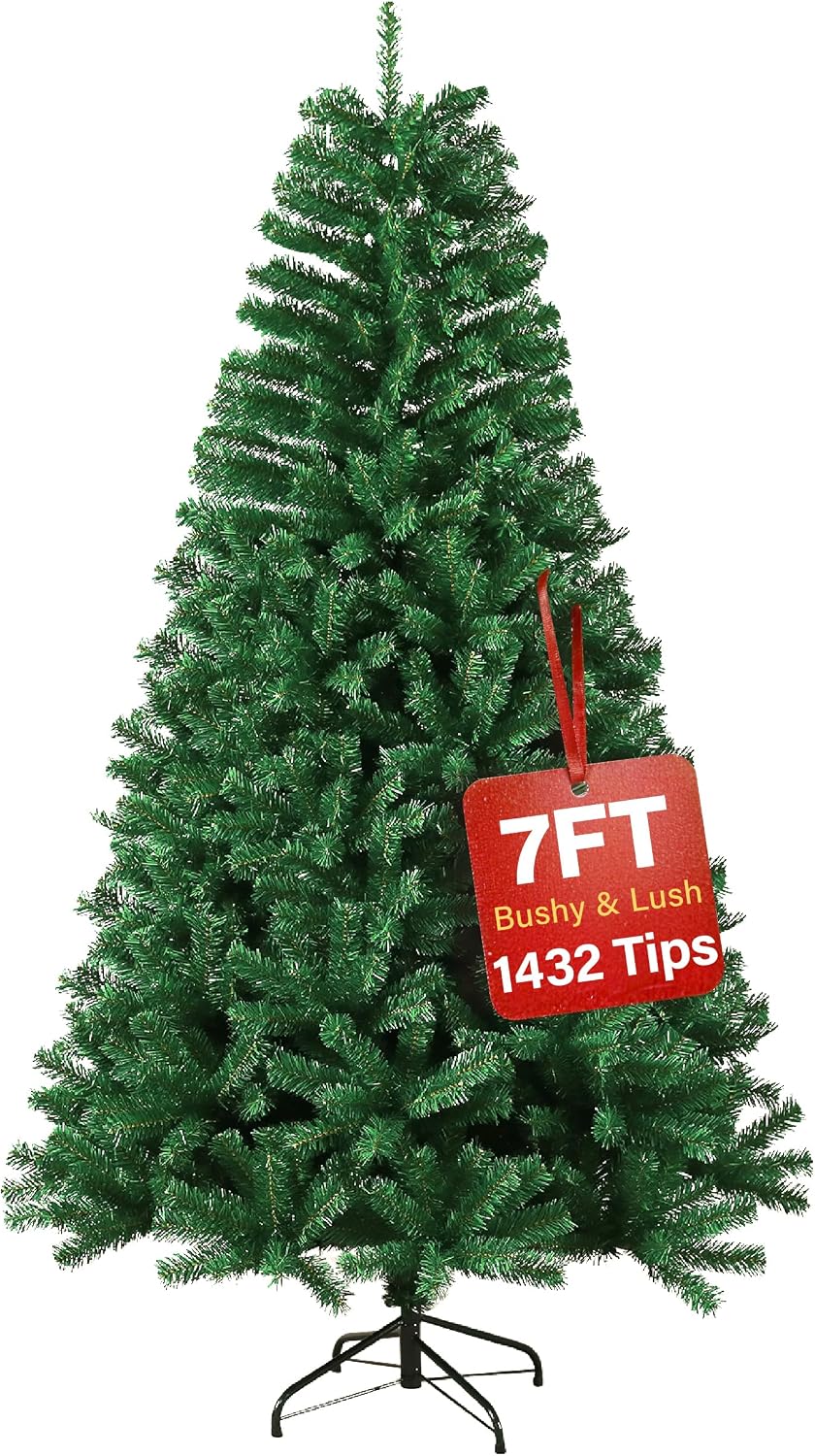 7ft Premium Christmas Tree 1432 Branch Tips Green Xmas Trees Bushy Artificial Christmas Tree Pine Tree with Metal Stand Easy to Assemble Realistic Spruce Branches Christmas Tree for Indoor and Outdoor