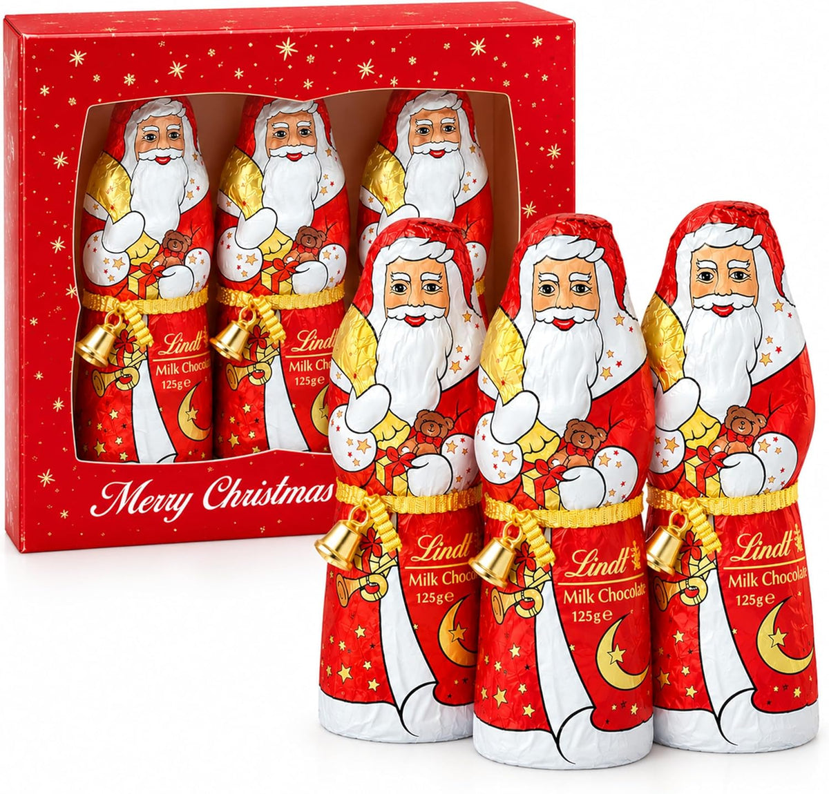 Santa Lindt Chocolates Gift Box for Stocking Fillers - Festive 3 x 125g Santa Claus Chocolate Figures with Gold Bells, Christmas Chocolate. Great Christmas Gift for Kids