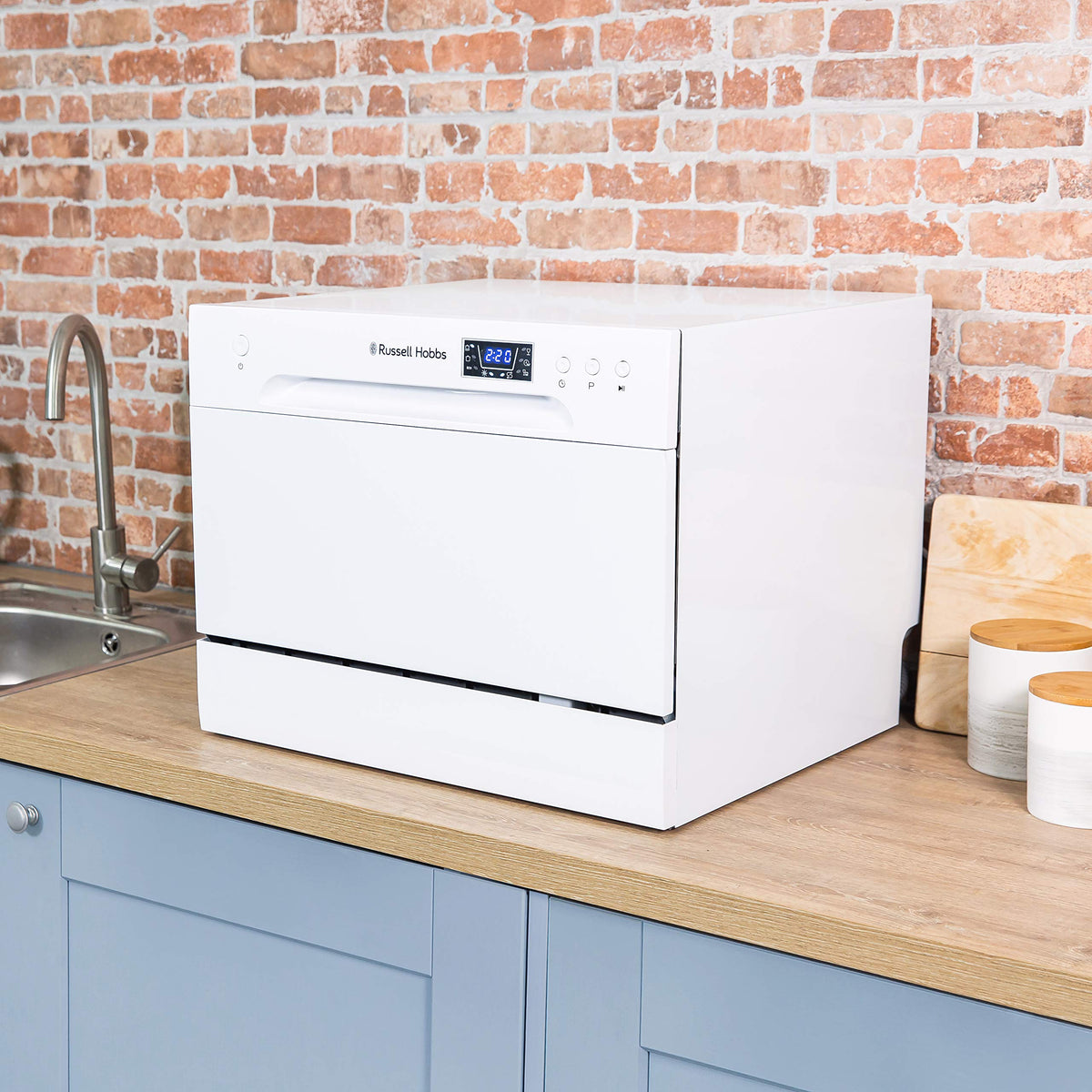 Russell Hobbs Table Top Dishwasher Compact Mini with 6 Place Settings, LED Display, Button Control, 6 Programmes, Portable & Efficient, 24hr Timer, Rinse & Eco Mode in White, RH6TTDW0D1W