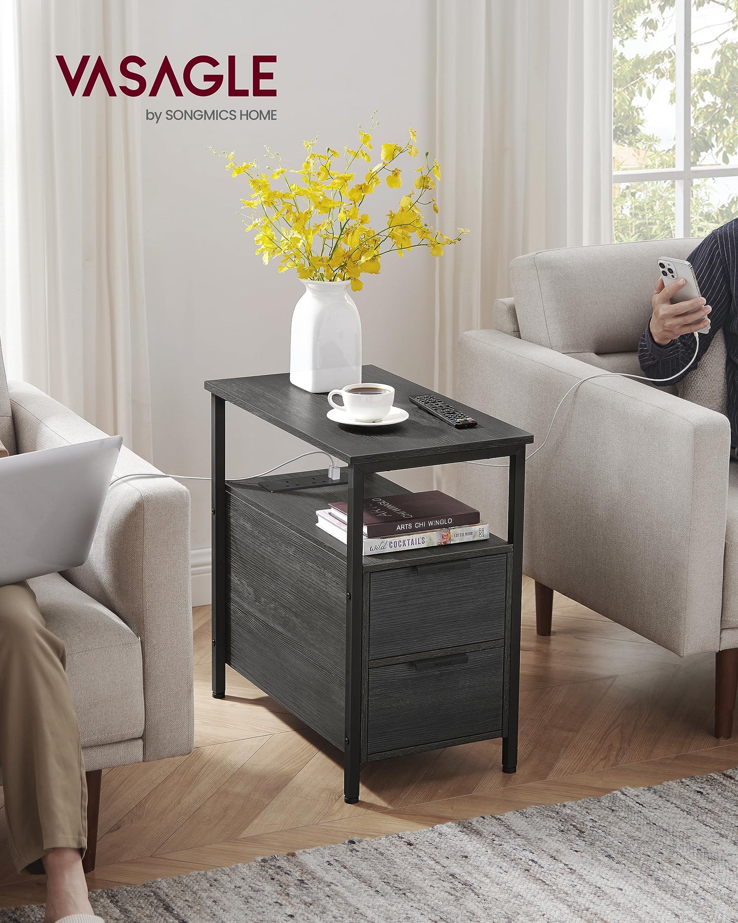 VASAGLE Slim Side Table with Charging Station, Narrow End Table with 2 Drawers, Bedside Table with Storage, for Living Room, Bedroom, Rustic Brown and Classic Black LET326B01