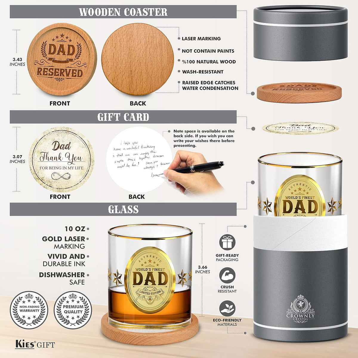 CROWNLY CRYSTAL® Personalised Whiskey Glass for Dad – Gold Birthday Gift from Daughter or Son – Best Dad Ever