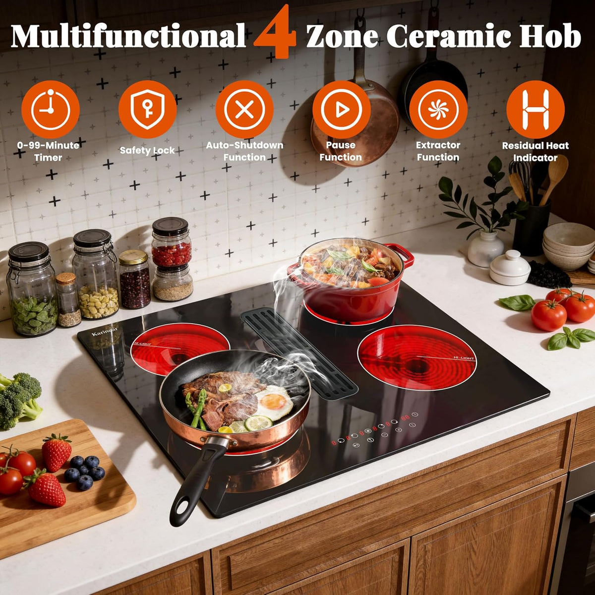 Karinear Electric Ceramic Hob 60cm 4 Zones with Built-in Extractor Hood