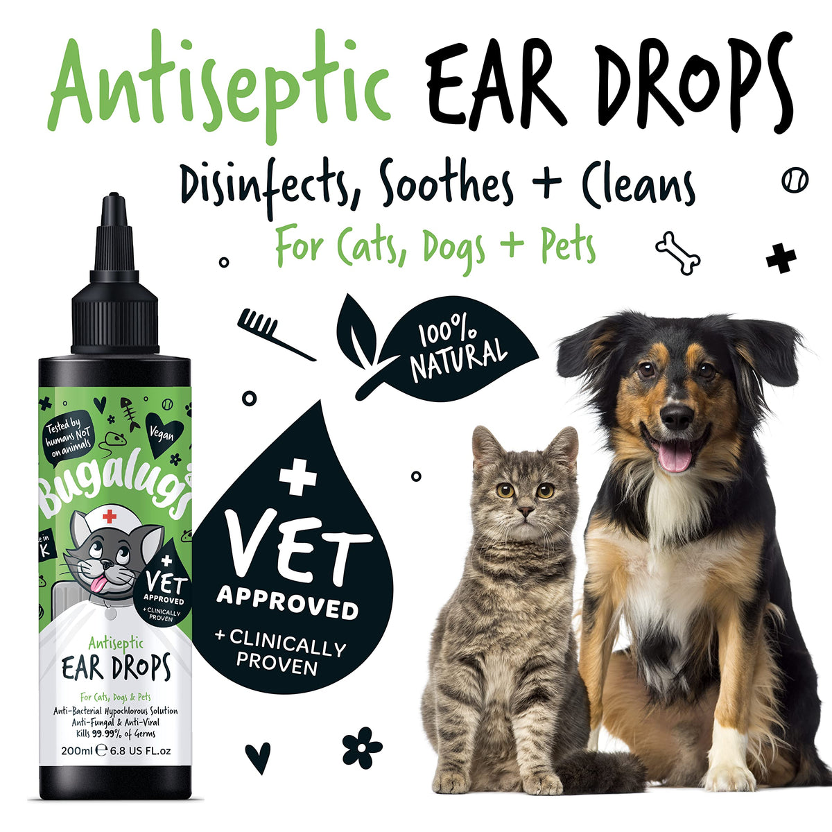 BUGALUGS Antiseptic Ear Drops 200ml – Ear Disinfection, Kills bacteria, Stops Odours, Scratching & Discomfort, Anti-fungal (Yeast), Veterinary-grade, for Dogs, Cats & all other animals