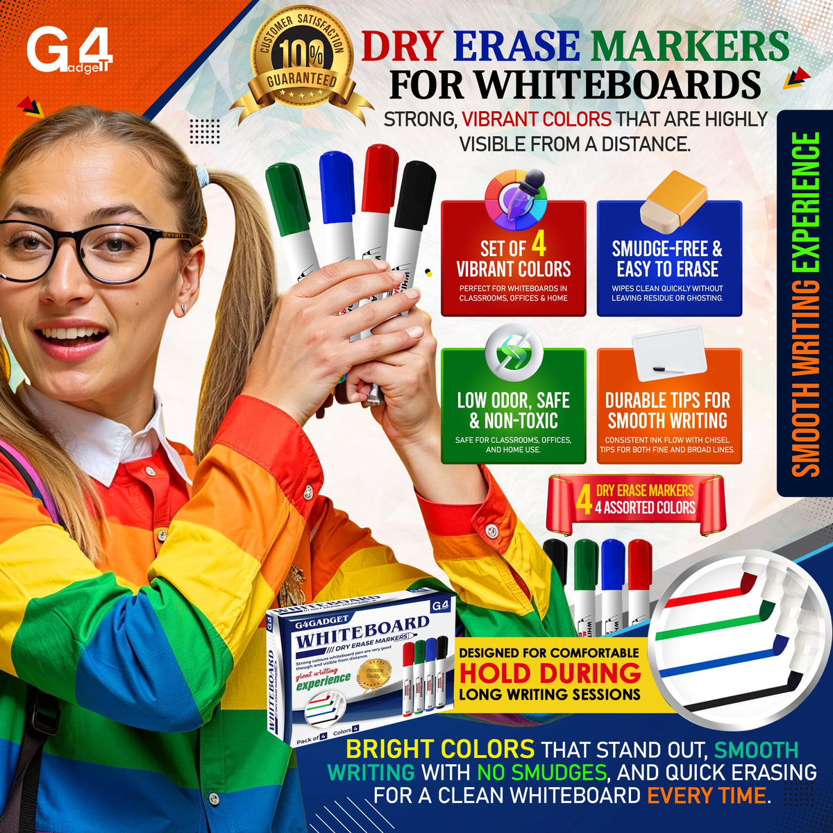 G4GADGET Nice Style Pack of 10 Non-Toxic Ink Black Colour Whiteboard Dry Wipe Marker Pens Bullet Tip