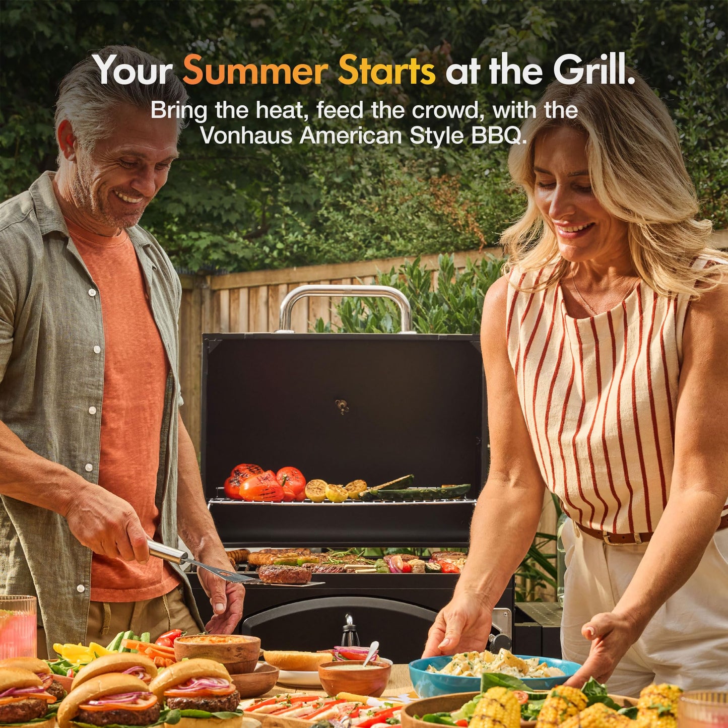 VonHaus Charcoal BBQ – XL Portable Barbecue with Warming Rack, Fold Down Shelves, Temperature Gauge, Wheels, Cooking Grill, Air Vents – 2 in 1 Barbeque and Smoker – Grill Meat, Fish & Vegetables