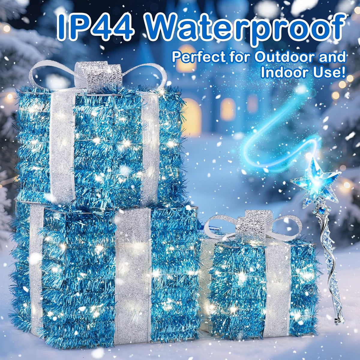 Set of 3 Blue Lighted Boxes, Silver Bows, Christmas Decor Indoor/Outdoor