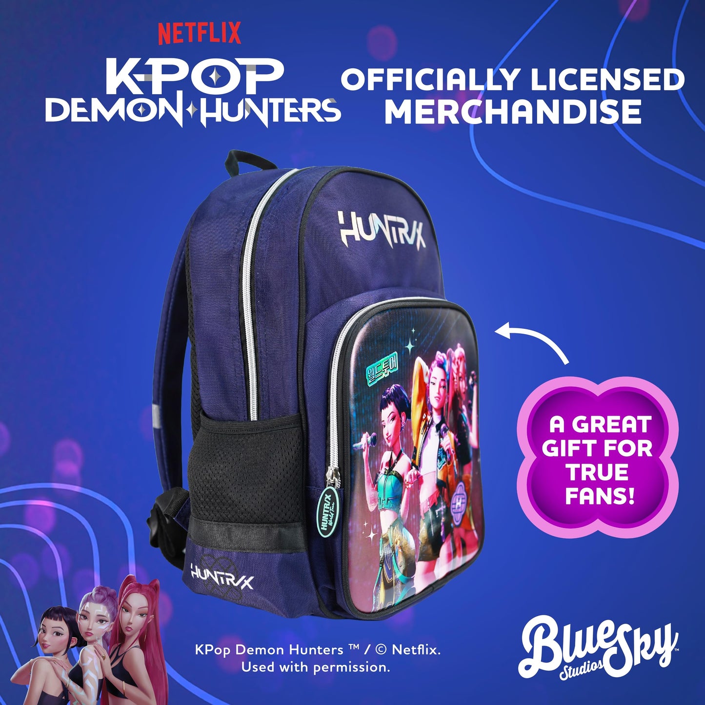 Blue Sky Studios KPop Demon Hunters HUNTR/X Backpack - Official Merchandise - Lightweight Kids School Bag with Padded Straps, Front Pocket & Silver Holographic Details - 36cm K-Pop Purple Rucksack