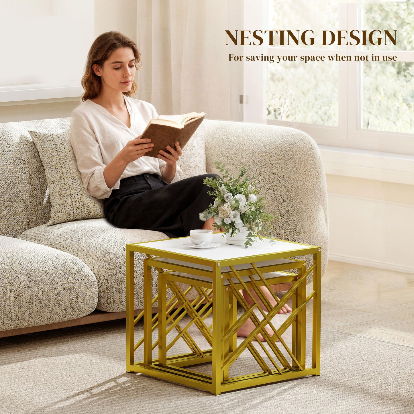 HOMCOM Nesting Coffee Tables, Set of 3 Square Side Tables with Black Metal Frame, for Living Room, Bedroom and Office, Grey