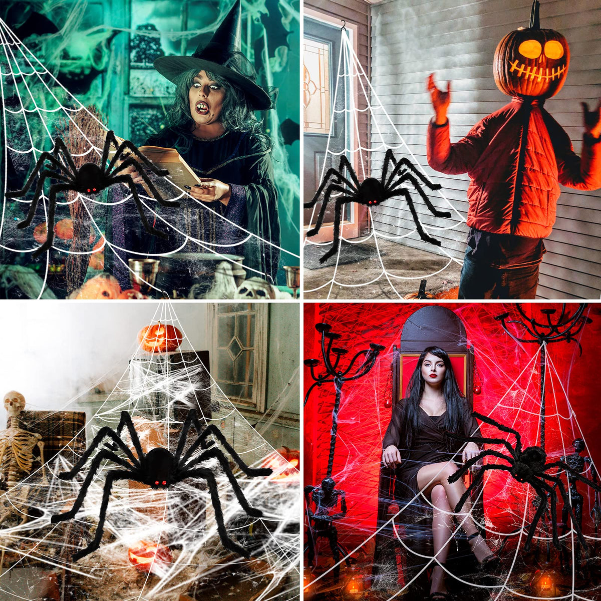 BOSONER 200'' Giant Spider Web Halloween Decorations + 50'' Large Spider