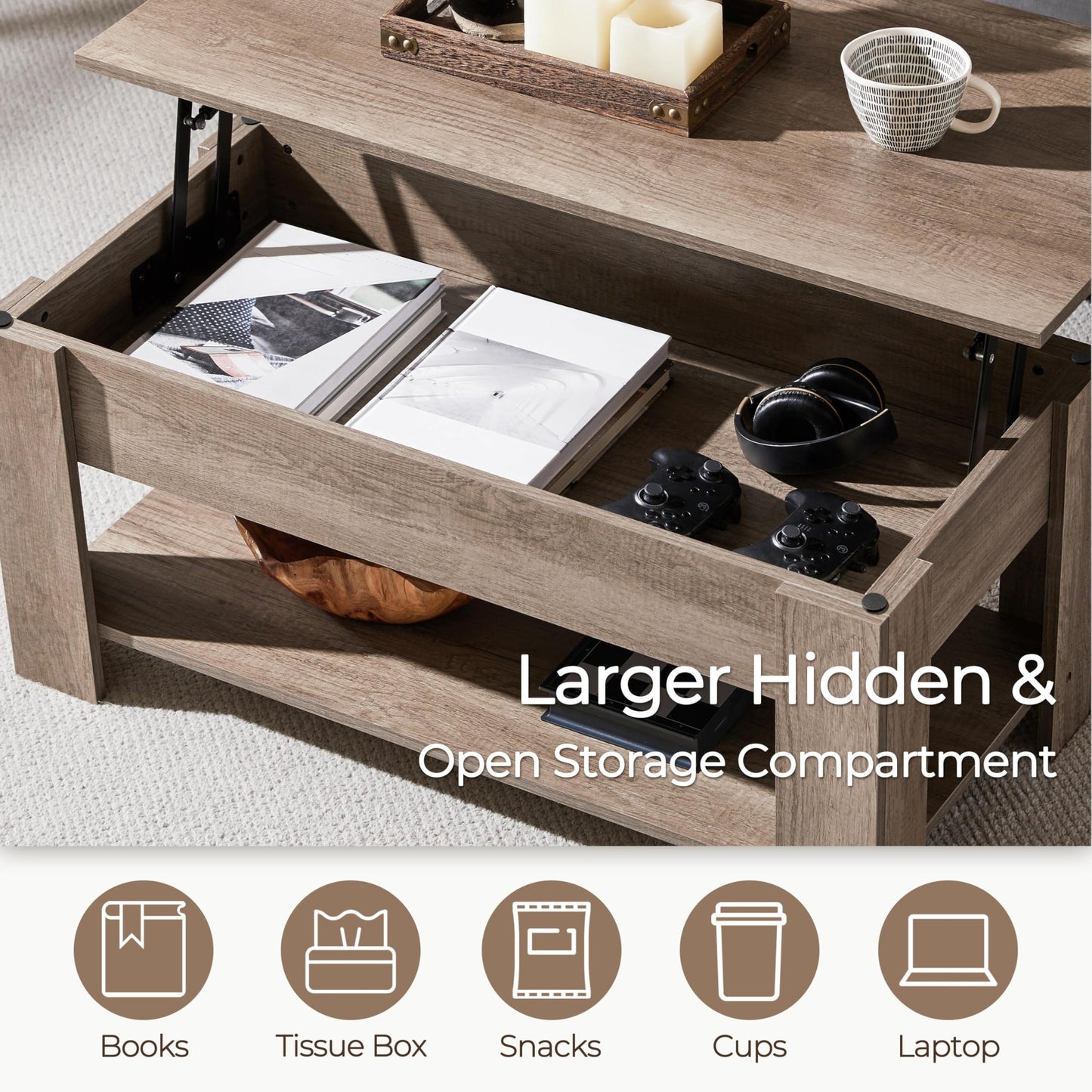 Yaheetech Lift Up Coffee Table, Wooden Lifting Coffee Table with Hidden Storage Drawer and Open Shelf, Space-saving Tea Tables for Living Room/Reception, Espresso