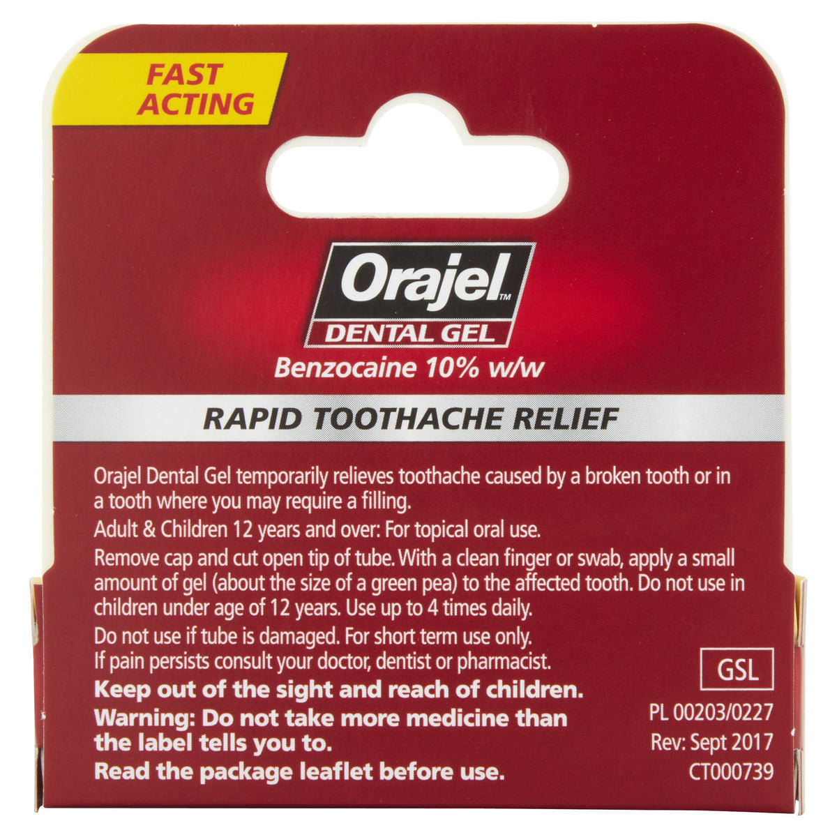 Orajel Toothache Pain Relief Gel, Benzocaine 10% w/w, Fast-Acting, 5.3g