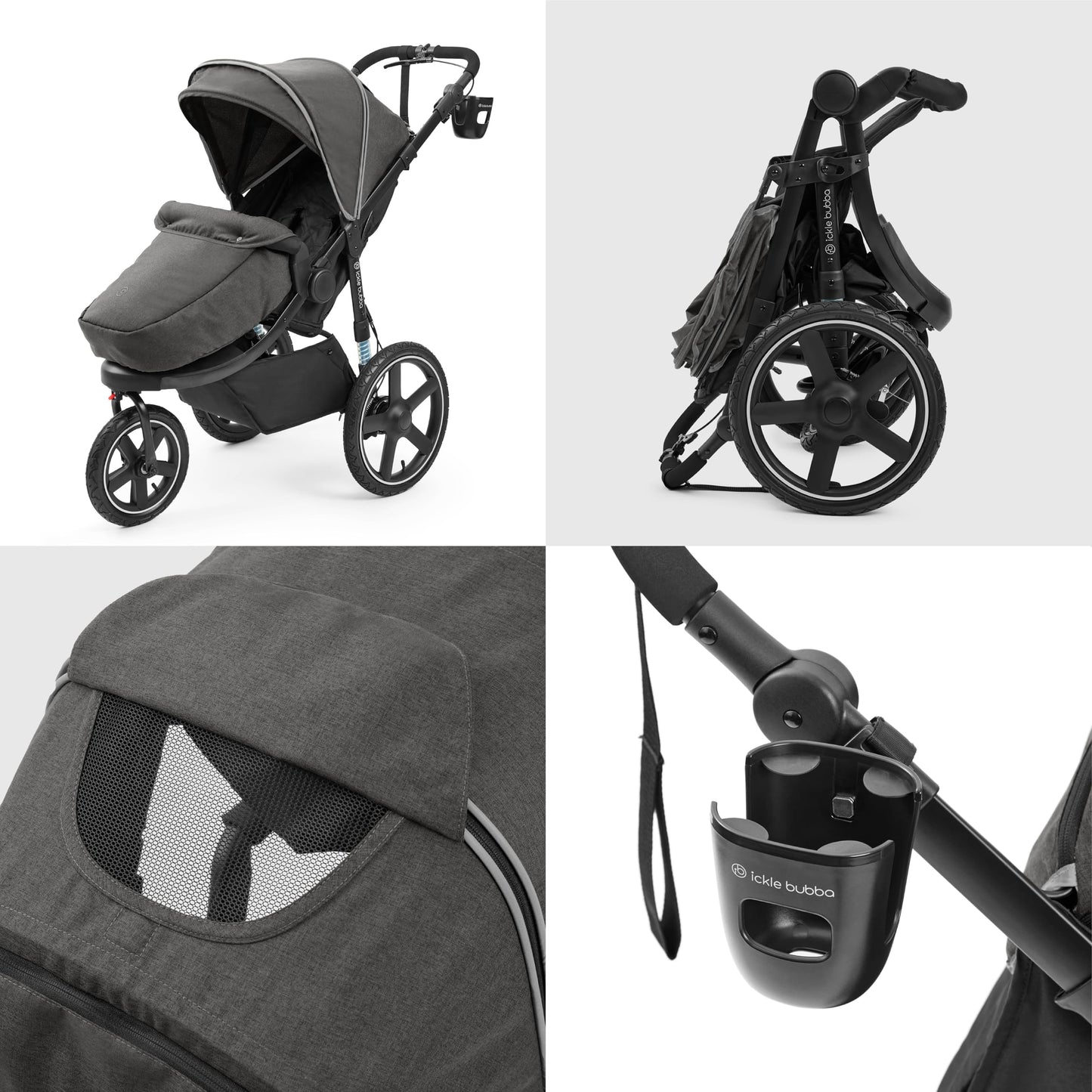 Ickle Bubba Venus Jogger Pro Max Stroller (Charcoal Grey) – All-Terrain 3-Wheel Pushchair from Birth to 22kg, Waterproof Hood & Footwarmer, Adjustable Handle, Cup Holder & Self-Locking Fold