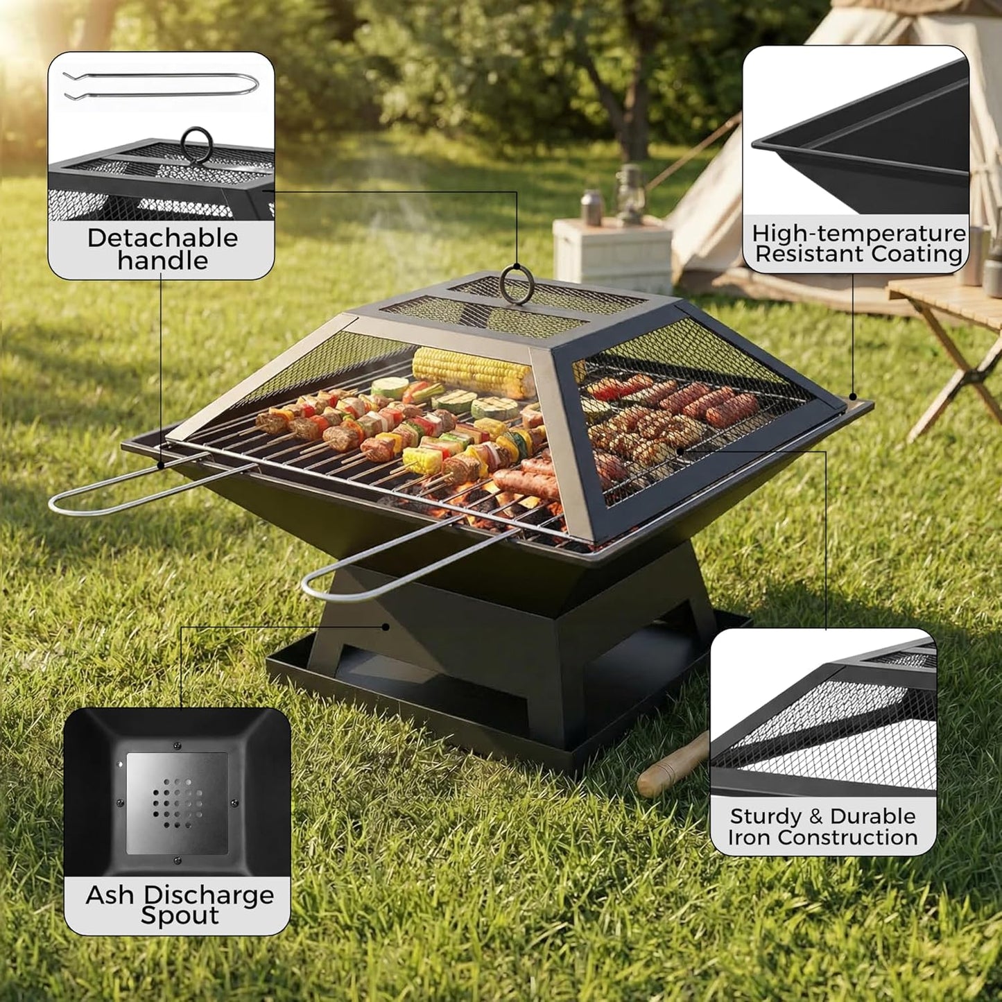 Square Fire Pit with BBQ Grill, Metal Fire Pit BBQ with Mesh Lid & Poker, Outdoor Garden Patio Heater Firepit, Sturdy and Durable Iron Construction - Great for Camping, Picnics or the Garden
