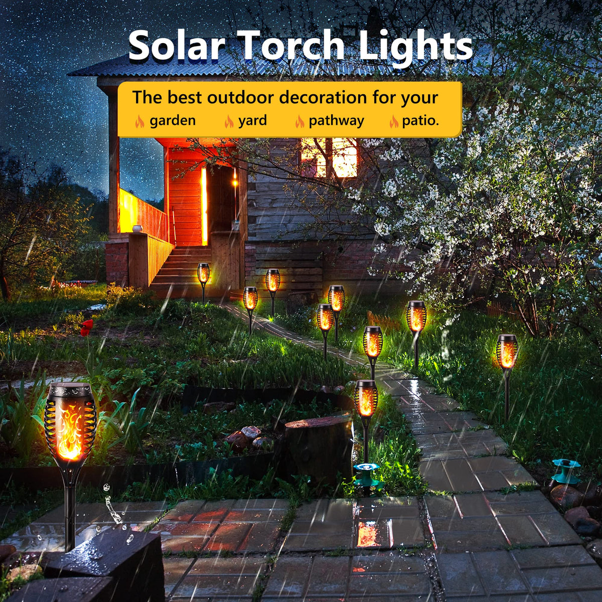 Geemoo 6 Pack Solar Flickering Dancing Flame Lights Waterproof Solar Torch Lights for Outdoor Garden Patio Pathway Yard Driveway Decorative, Warm White