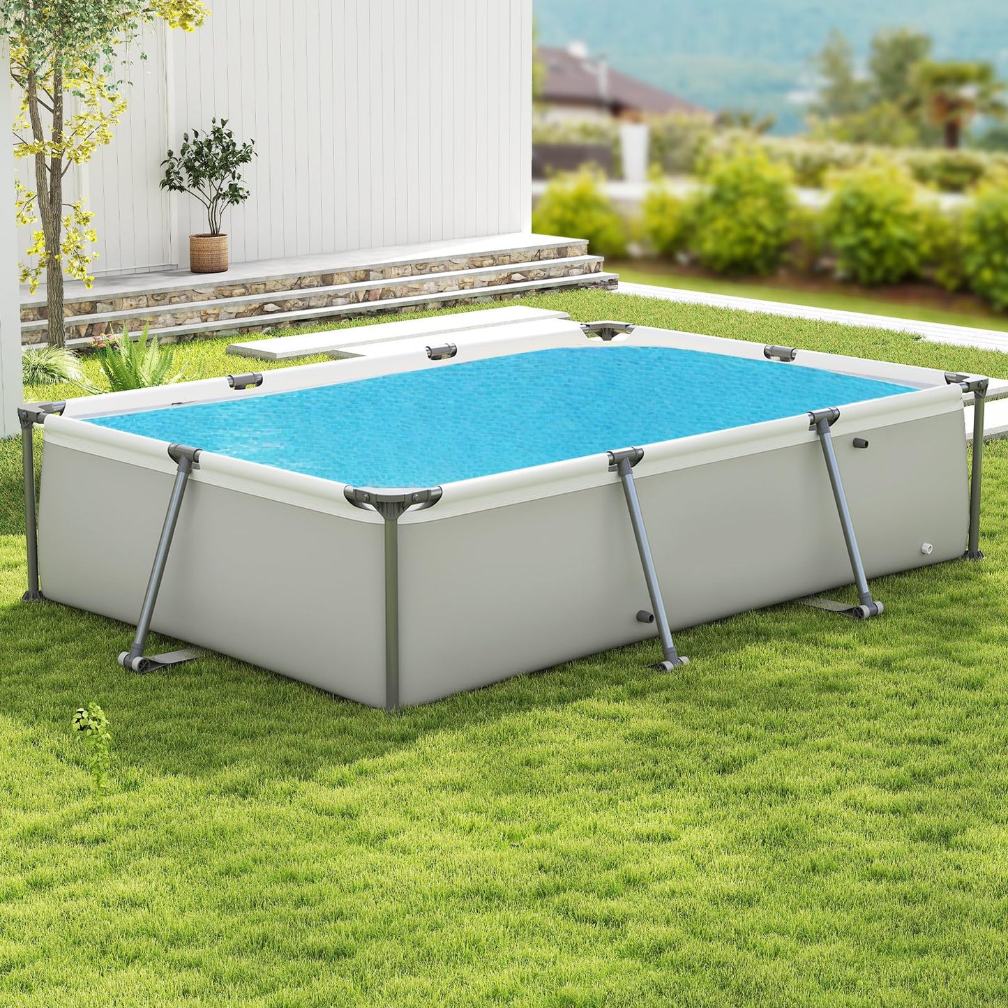 COSTWAY Above Ground Swimming Pool, Outdoor Round/Rectangular Large Framed Pool Set, Metal Frame Garden Family Pools for Kids and Adults (Gray, 300 x 207 x 66 cm, Rectangular)